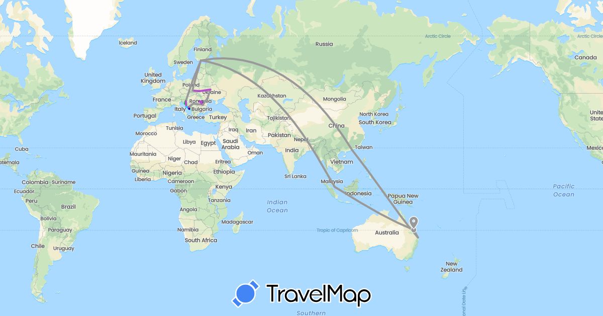 TravelMap itinerary: driving, bus, plane, train, boat in Australia, Bosnia and Herzegovina, China, Finland, Croatia, Moldova, Poland, Romania, Serbia, Singapore, Ukraine (Asia, Europe, Oceania)